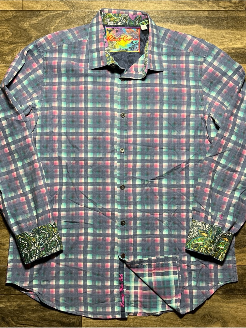 Robert Graham XLT Plaid Flip Cuff Shirt Mens Cotton Paisley Trim Vacation EUC